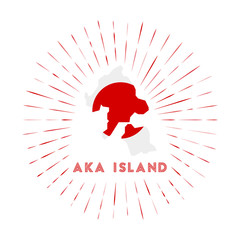 Aka Island sunburst badge. The island sign with a map of Aka Island with the Japanese flag. Colorful rays around the logo. Vector illustration.