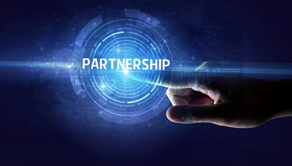 Hand touching PARTNERSHIP button, modern business technology concept