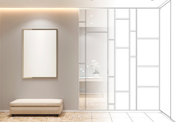 The sketch turns into a bright, modern interior of the hallway with a mirror, a blank poster, a bench, a wardrobe and parquet floor. Front view. 3d render