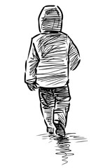 Sketch of child in jacket with hood walking down the street