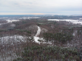 Fototapeta premium Winter nature, forest, river, village. View from above. Shooting from a copter.
