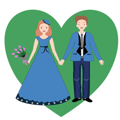 Couple in love wearing blue dress and suits with heart background 
