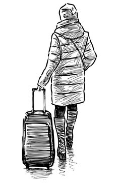 Sketch of casual woman with suitcase walking down street