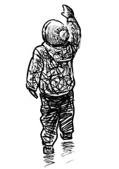 Sketch of kid walking along street and waving his hand