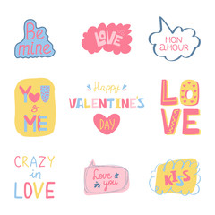 Set Valentine day lettering love collection in flat style. Hand drawn lettering with text about love. Perfect for valentine day, wedding and birthday card, stamp. Vector