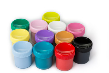 School  paint in the plastic containers on a white background