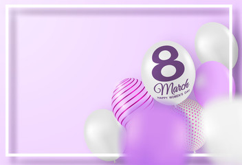 8 march. Happy Woman's Day background.  Design with balloons on purple background. Vector.