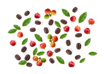 Fresh roasted coffee beans with leaves isolated on white background