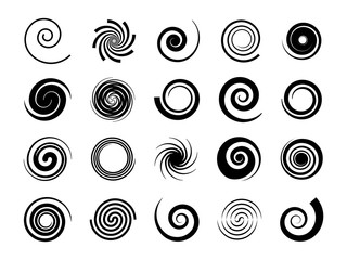 Spirals. Twisted swirl, circle twirl and circular wave elements, psychedelic hypnosis symbols, black geometric digital drawing, vector set - obrazy, fototapety, plakaty