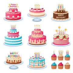 Fotobehang Cartoon cakes. Colorful delicious desserts, birthday cake with celebration candles and chocolate slices, holiday cupcakes vector set © YummyBuum