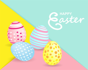Happy easter. Celebration. Colorful easter egg on colorful pastels paper background. light and shadow . Vector.