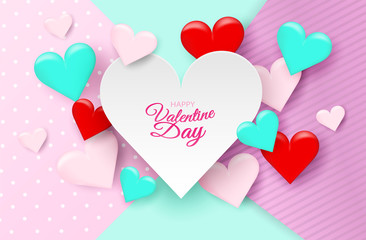 Happy Valentine day background .  Design with heart on pastel background, paper art style . Vector.