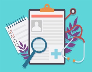 Medical record. Patient card medical history and diagnosis, medicine checklist with checkbox. Healthcare insurance service vector concept