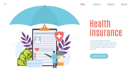 Health insurance. Healthcare, patient insurance, human life protection. Treatment benefits, emergency service website page vector design