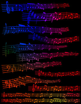 Set of musical notes with color gradient fill. Colored musical notes isolated on a black background. Illustration.