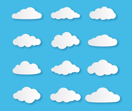 Paper cloud. Different clouds on blue sky in origami design, cut paper cumulus symbol for messages vector set