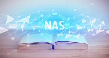 Open book with NAS abbreviation, modern technology concept