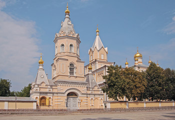 Fototapeta na wymiar Holy Trinity Monastery in the city of Korets, Rivne region of Ukraine. Autumn sunny day