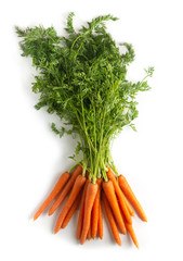 bunch of fresh carrots on white rustic background