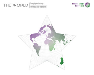 Polygonal world map. Berghaus star projection of the world. Purple Green colored polygons. Trending vector illustration.