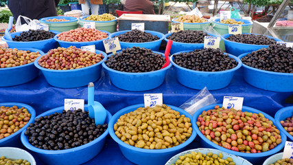 Different types of olives at a local bazaar in Pendik, Istanbul.