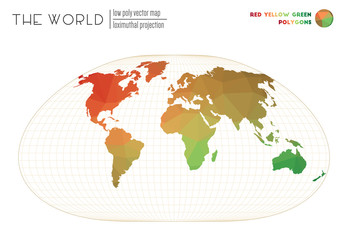 Low poly design of the world. Loximuthal projection of the world. Red Yellow Green colored polygons. Contemporary vector illustration.