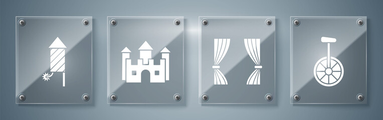 Set Unicycle or one wheel bicycle, Curtain, Castle and Firework rocket. Square glass panels. Vector © Oksana