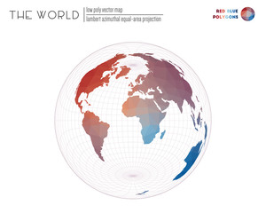 Abstract geometric world map. Lambert azimuthal equal-area projection of the world. Red and blue colored polygons. Elegant vector illustration.