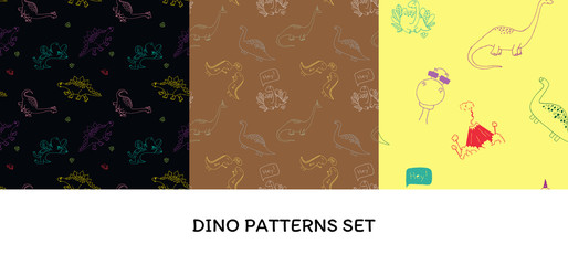 Vector illustration set seamless pattern with dinosaurus on different background. Illustrations for boys prints on t-shirts, children design. Kids textile and fabric