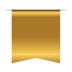 Gold bookmark banner 3D. Vertical book mark, isolated on white background. Color golden tag, label. Flag symbol, sign. Design element blank. Empty sticker sale. Template banner. Vector illustration