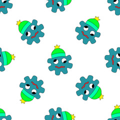 Vector illustration of hand drawn cute monster star in the hat. Colorful doodle character. Seamless pattern