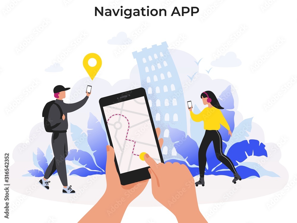 Poster Navigation app. Mobile application with map route for food or package delivery service on smartphone. Vector illustration concept tracking technology person using mobile phone and help in journey