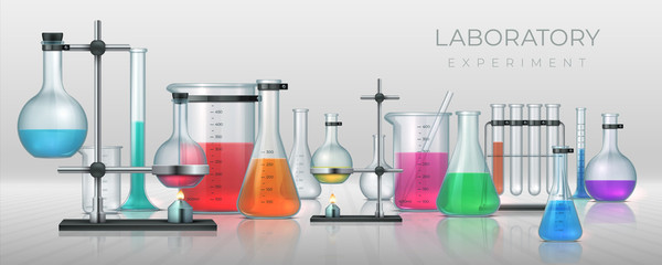 Realistic laboratory. Chemistry lab equipment, 3D flask tubes beaker and other measuring colored filling glassware. Vector chemical or medicine experiment for solutions research or test