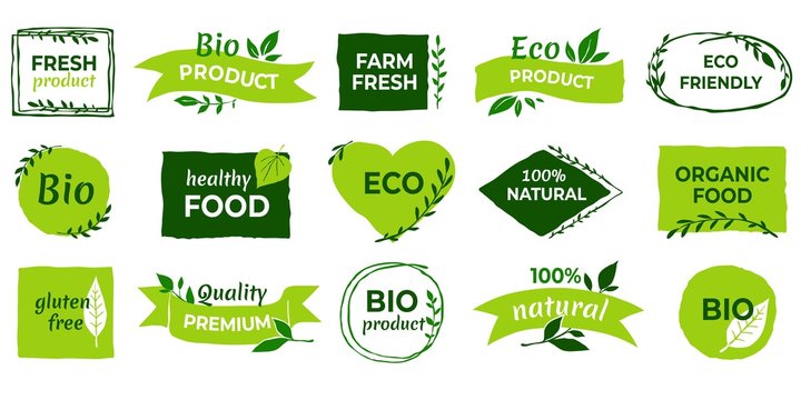Organic logo. Vegan product labels, natural food and eco vegetables badges, fresh and healthy product stickers. Vector set icon nature farm quality product for eat or drink