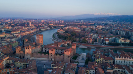 Aerial video shooting with drone of Verona, city on the Adige river in Veneto famous for Romeo and...
