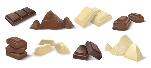 Chocolate pieces. Realistic dark white and milk chocolate bars and candies, chunk of cocoa dessert and square chocolate candy. Vector set sweet cubes pieces dessert cacao eating