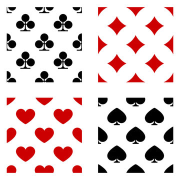 Set of patterns with poker symbols, playing card signs, red hearts, tiles, black clovers and pikes symbols on white background. Vector playing card suit seamless pattern