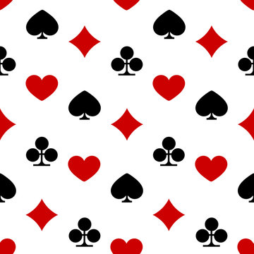 Vector playing card suit seamless pattern. Flat red hearts and tiles and black clovers and pikes symbols on white background