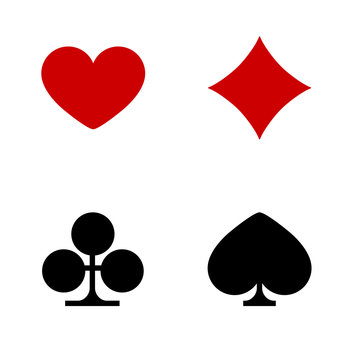 Flat red hearts and tiles and black clovers and pikes symbols collection on white background. Set of hearts, tiles, clovers and pikes symbols. Playing card suit concept design