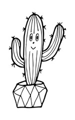 Black and white cartoon cactus in geometric pot. Doodle style art isolated on white background. Hand drawing vector stock illustration.