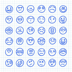 A Set of Emoji Icons Drawn by Hand on Squared Paper: Part 06. Vector Doodle Illustration.