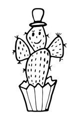 Black and white cartoon cactus in geometric pot. Doodle style art isolated on white background. Hand drawing vector stock illustration.