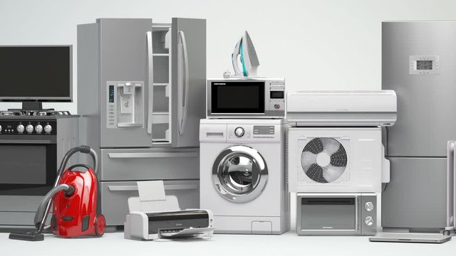 Household and kitchen appliances and home technics in a row.  E-commerce online internet store concept. 3d loopable video animation