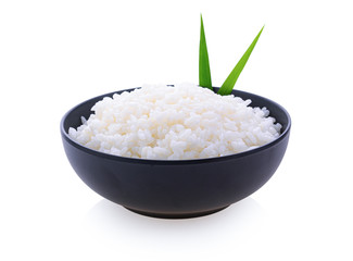 Japanese rice in black bowl  on white background