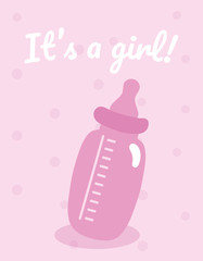 Pink feeding bottle. Hand drawn illustration for baby shower.Pink polka dot background.The inscription "It's  a girl"