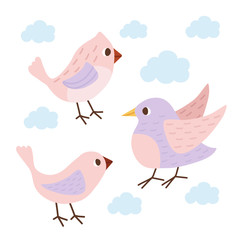 Set of birds.Pastel colors. Light illustration. Hand drawn set.