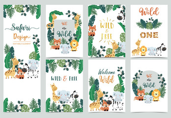 Collection of safari background set with giraffe,zebra,fox,lion.Editable vector illustration for birthday invitation,postcard and sticker.Wording include wild and free - obrazy, fototapety, plakaty