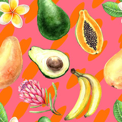seamless pattern exotic fruits and flowers on a pink background, illustration watercolor mango, avocado, banana, papa and exotic flowers