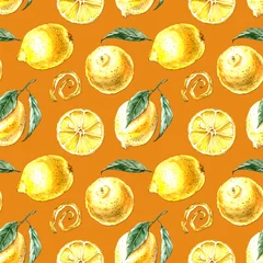 Papier Peint photo autocollant Citrons modèle sans couture de citrons jaunes avec des feuilles sur fond orange, illustration aquarelle