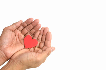 Red heart on hand isolated on white background, valentine concept.